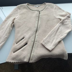 CAbi Cream/Ivory Textured Cotton Asymmetrical Zip Sweater Cardigan